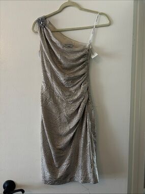 Maggy London One-Shoulder Silver Metallic Dress with Jeweled Shoulder